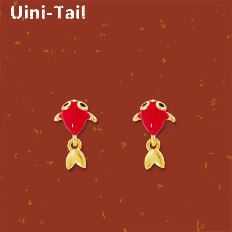 Uini-זנב חם למכירה מוצר חדש 925 טיביגן כסף אדום עיניים גדולות, עגילי דג זהב בסגנון סיני מתוק ומרגש