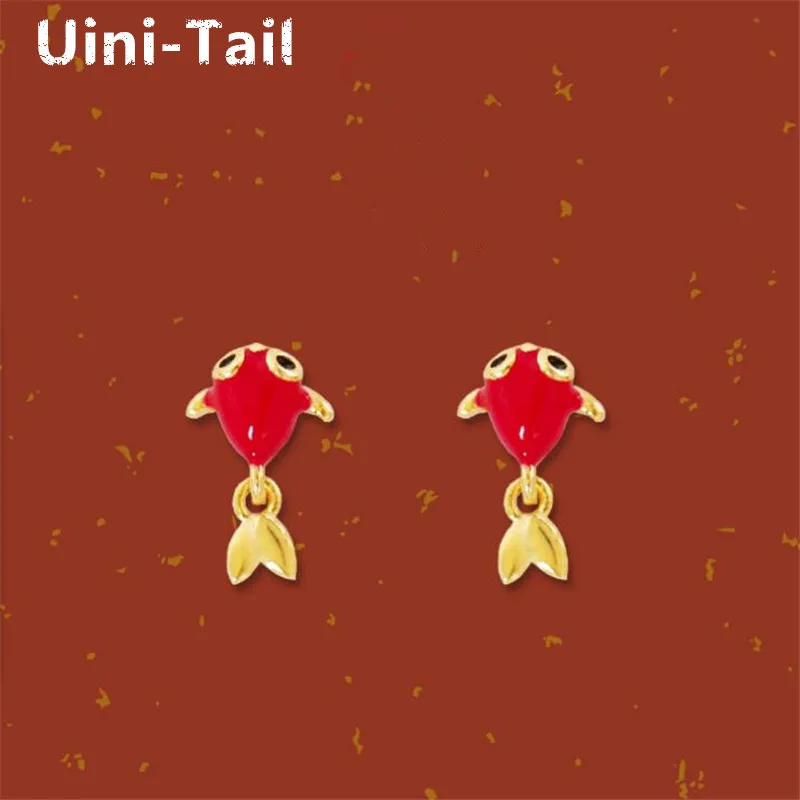Uini-Tail hot sale new product 925 Tibetan silver cute red big eyes goldfish earrings Chinese style fashion sweet and romantic