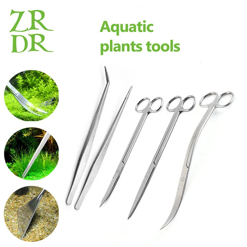 ZRDR Fish tank cleaning tool, scissors and tweezers set, stainless steel water plant maintenance tool, water plant cleaning tool