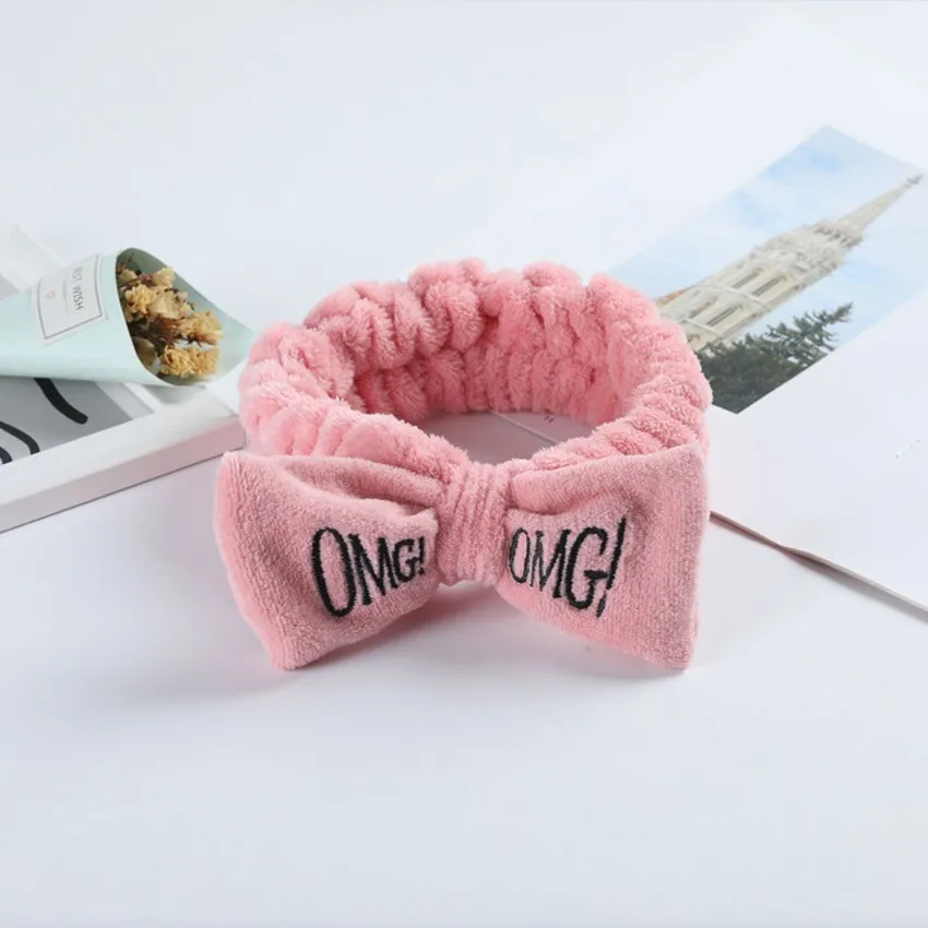 OMG Letter Bow Headbands para Mulheres, Wash Face, turbantes suaves, bandas elásticas de cabelo, Velo Coral, Assistente de Maquiagem Headwear,