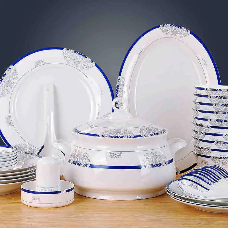 

Guci wedding Jingdezhen Ceramic tableware set bowl and plate 56 pieces Bone China Chinese and Korean bowl and plate set