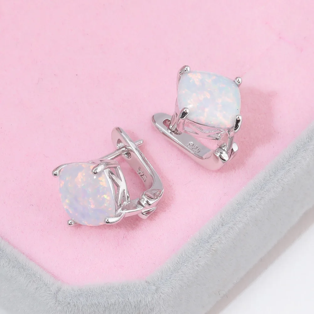 CiNily Minimalist White Fire Opal Stud Earrings Silver Plated Large Square Stone Earring Easy Chic Summer OL Jewelry Girl Woman