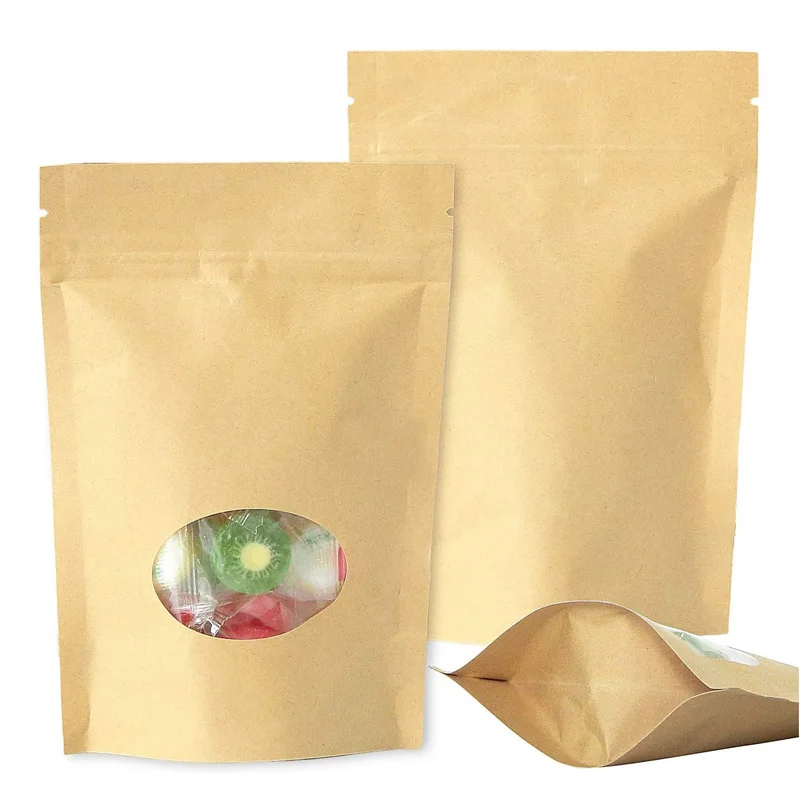 500Pcs/Lot Stand Up Clear Oval Window Bag/ Kraft Paper Brown BAG/ Food Valve Bag Wholesale