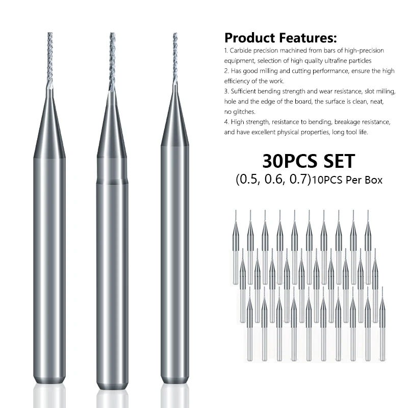 CMCP PCB Milling Cutter Set 3.175mm Shank 0.5 0.6 0.7mm Carbide End Mill CNC Corn Milling Bit Router Bit