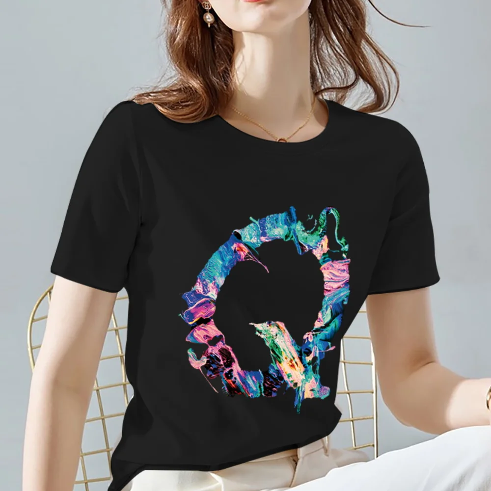 

Women T-shirt Everyday Wear Letter Style Casual Commuting Pure Black Paint Q Letter Round Neck Printing Initial Name Classic Top