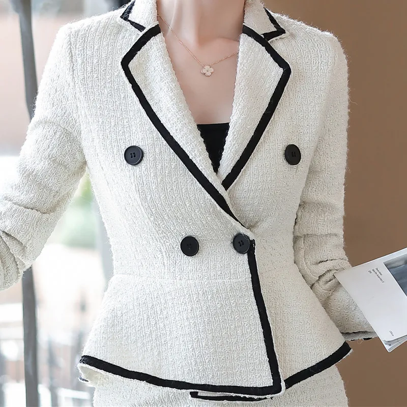 Naviu High-End Formal Suit Women New Fashion Slim Business Long Sleeve Woollen Blazer and Skirt Office Ladies Work Wear