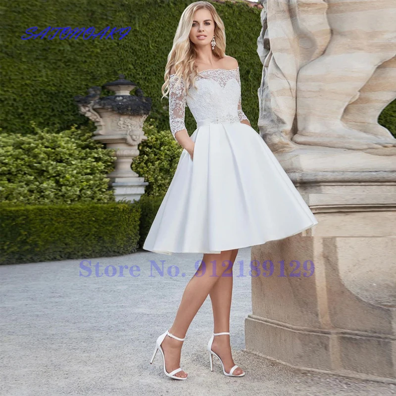 

Vestidos De Novia Short Wedding Dress Knee-Length Boat Neck Off The Shoulder Half Sleeve A-Line Satin Bridal Gown Robe De Mariée