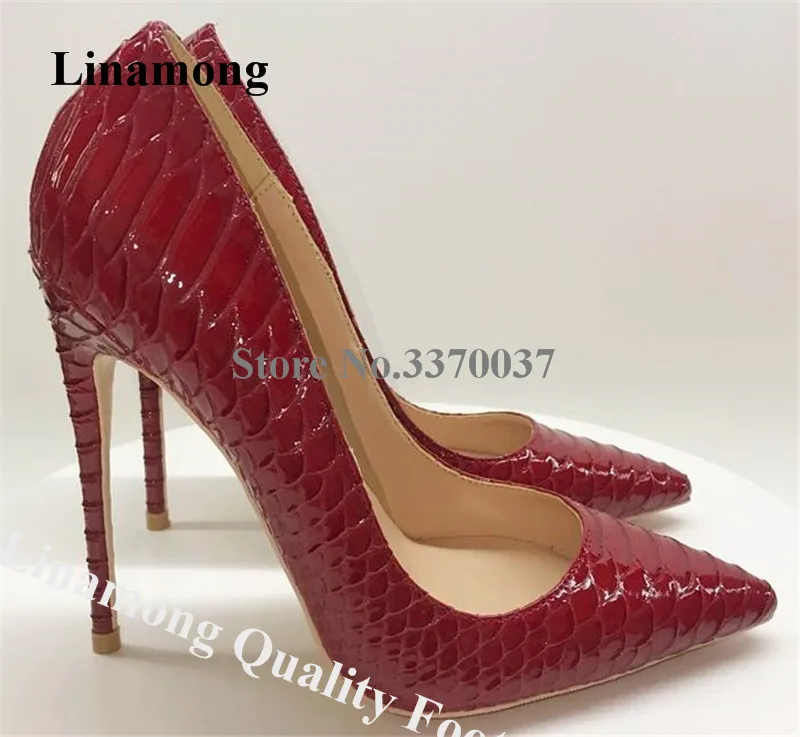 Linamong Sexy Pointed Toe Snake Leather Stiletto Heel Pumps Red Pink White Pattern Leather Slip-on High Heels Formal Dress Shoes