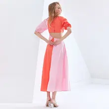 Summer Patchwork Dress Women Puff Sleeves High Waist #4