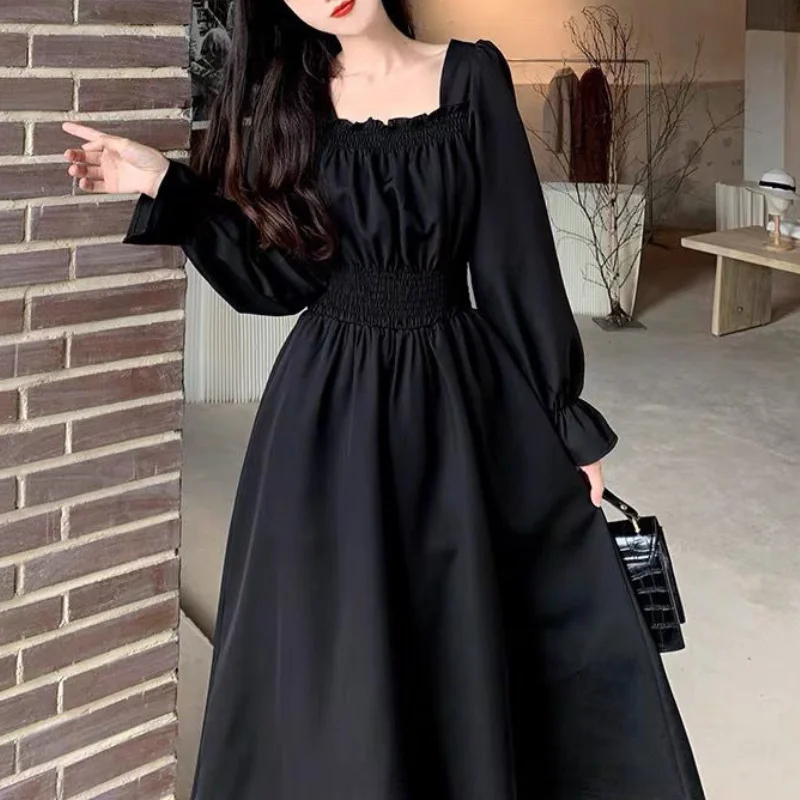 HOUZHOU Black Elegant Dress Women Vintage Long Sleeve Spring Autumn Dresses Square Collar Oversize Loose Casual Robe Streetwear