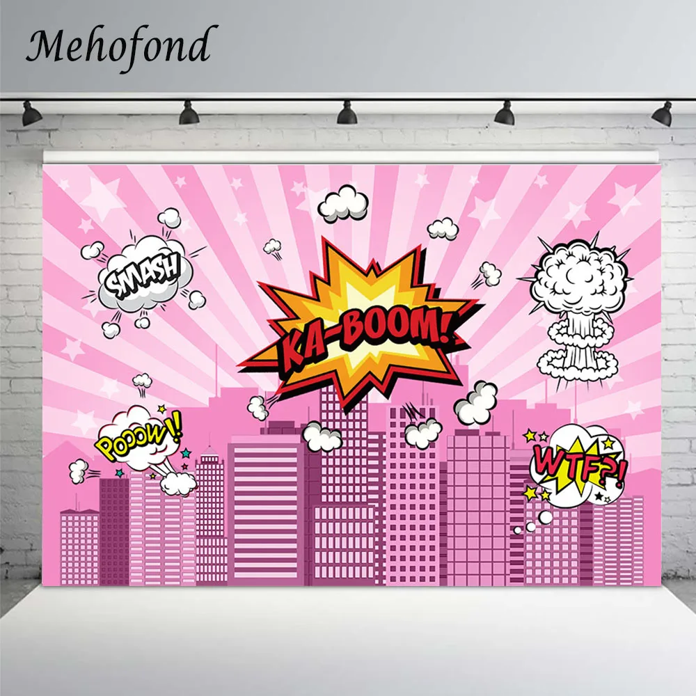 

Mehofond Superhero Birthday Party Photography Backdrops Pink Sky City Building Smash Girl Portrait Photo Background Photocall