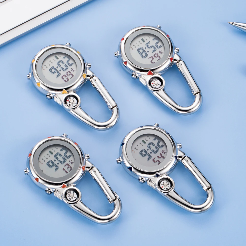 Digital Carabiner Watch Outdoor Sport Climbing  Silver Clip-On Quartz Pocket Watches Vintage Compass Clock Reloj De Bolsill