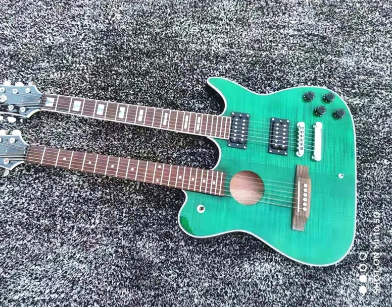 High quality custom double - head electric guitar tiger grain green sound hole free shipping