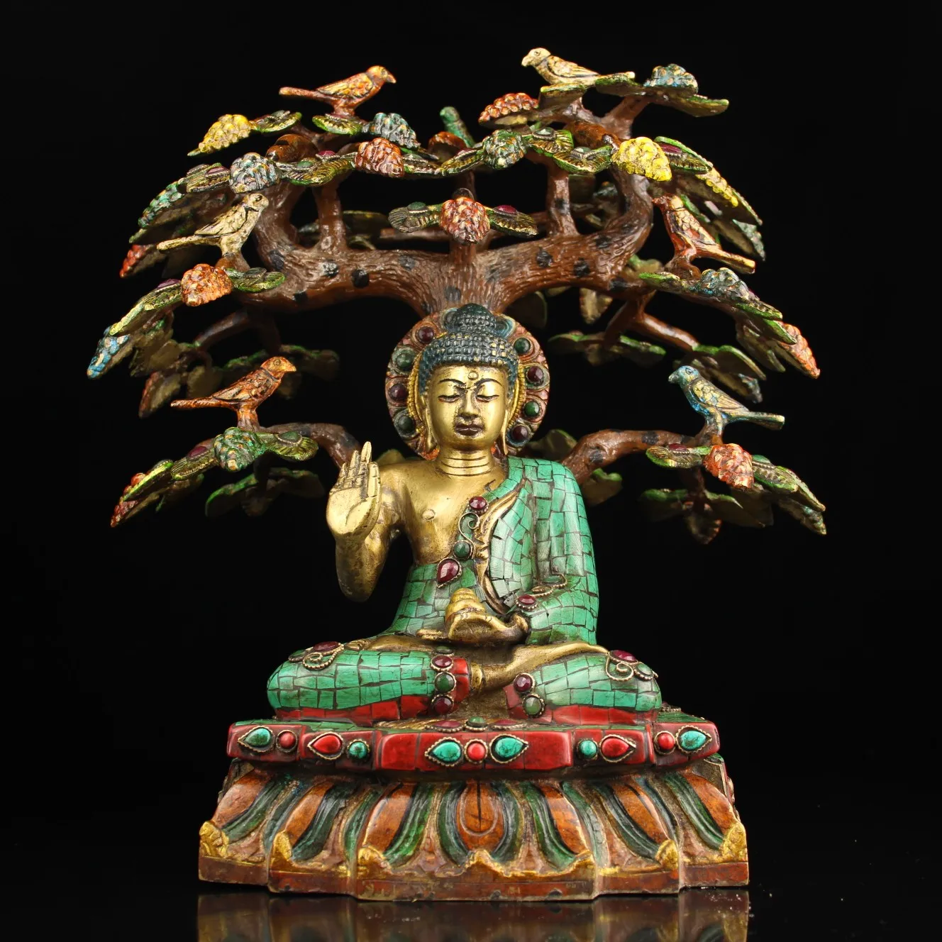 

14"Tibetan Temple Collection Old Bronze Outline in gold Mosaic Gem Turquoise Bodhi Tree Meditation Sakyamuni Sitting Buddha