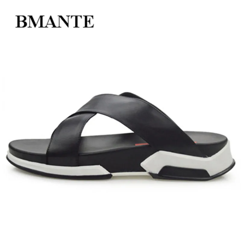 Bmante Genuine Leather New Men Sandals Beach Solid Flat Casual Slippers Summer Male Shoes Outdoor Concise Leisure Fashion