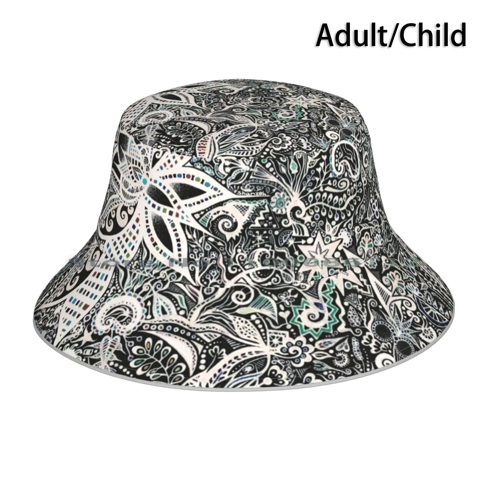 Floral Fantasy-White Bucket Hat Sun Cap Floral Flower Fantasy Pencil Mystical Handmade Fiesta Artist Leaf Swirl Spiral Fauna