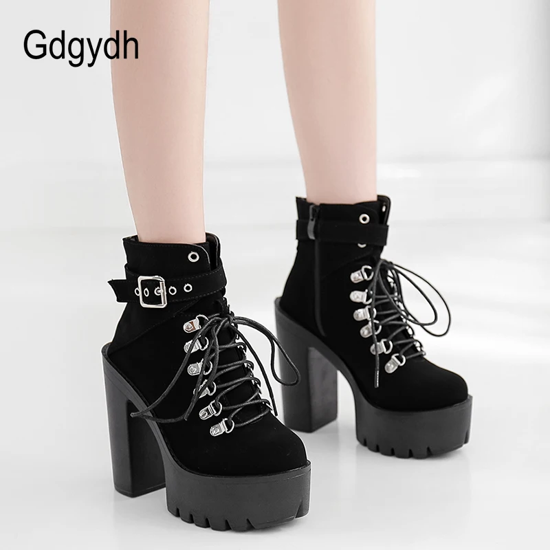 Gdgydh Lace Up Women Boots Platform Buckle Boot Winter Shoes Thick Heel Autmn Boots With Zipper Ankle Strap Black Suede Gothic