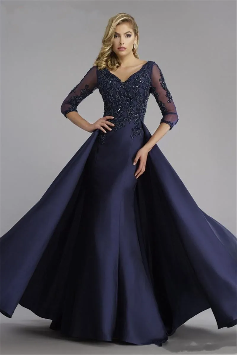 Navy Blue Modern Mother Of The Bride Dresses V Neck Lace Appliques Overskirt Wedding Guest Dress Mermaid Evening Party Gowns