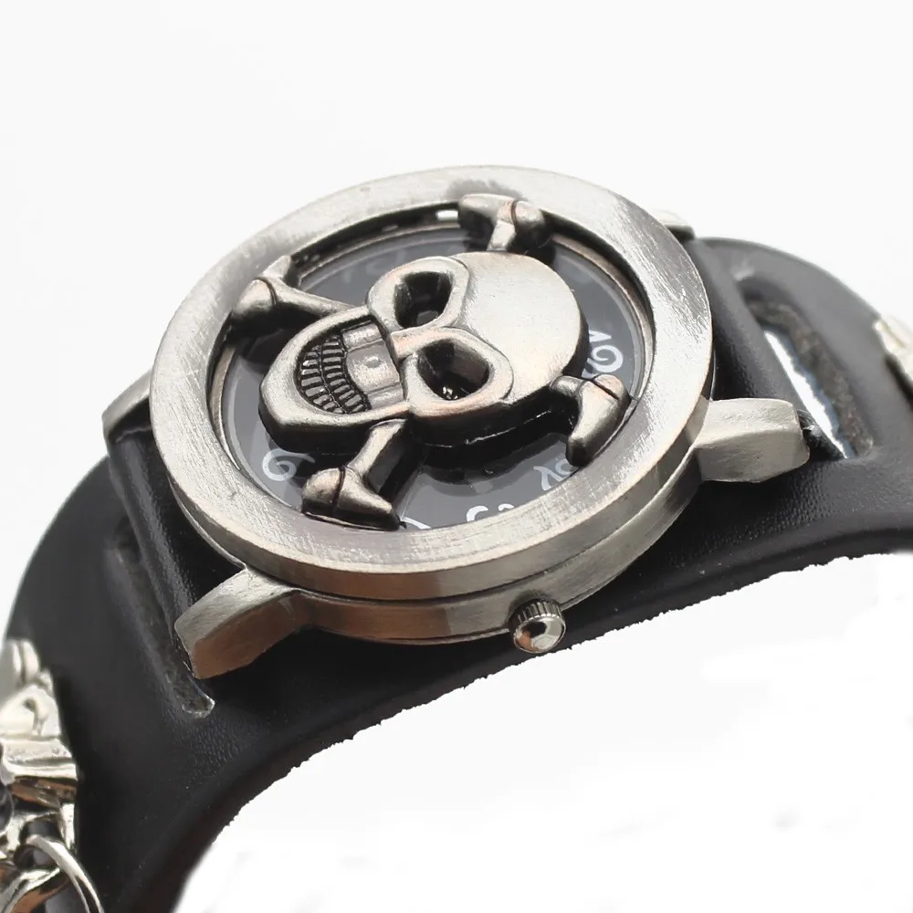 

Skull Large Dial Clamshell Quartz Men's Watch Chronograph Military Pu Leather Chain Wrist Watches Relojes Para Hombre