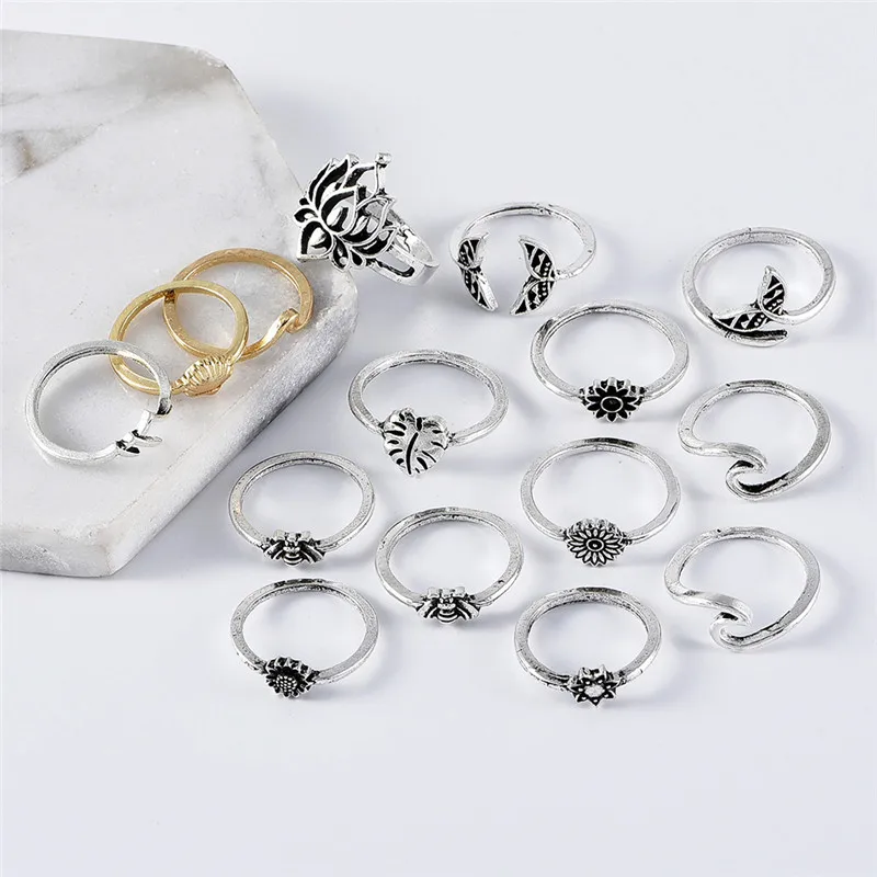 15Pcs/Set Boho Bee Lotus Flower Leaf Ring Set Fashion Wave Shell Fishtail Irregular Rings for Women Personality Jewelry Gifts