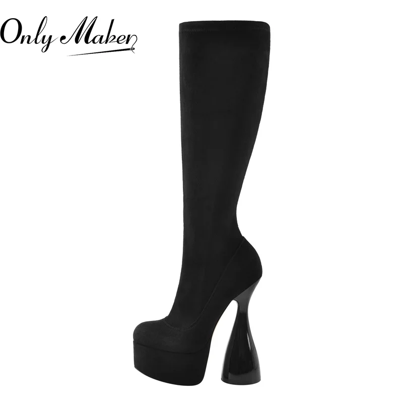 Onlymaker Women Black Platform Flock High Elastic Side Zipper Spike High Heels Big Size Fashion hick Knee High Boots