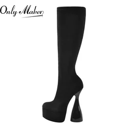 Onlymaker Women Black Platform Flock High Elastic Side Zipper Spike High Heels  Big Size Fashion hick Knee High Boots