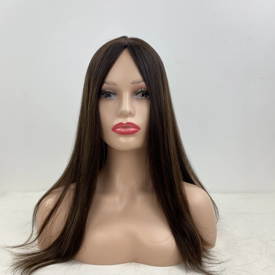 Long Straight Brown Color With Highlights Jewish Kosher Wigs 100% Real Human Hair Sheitel Without Bangs