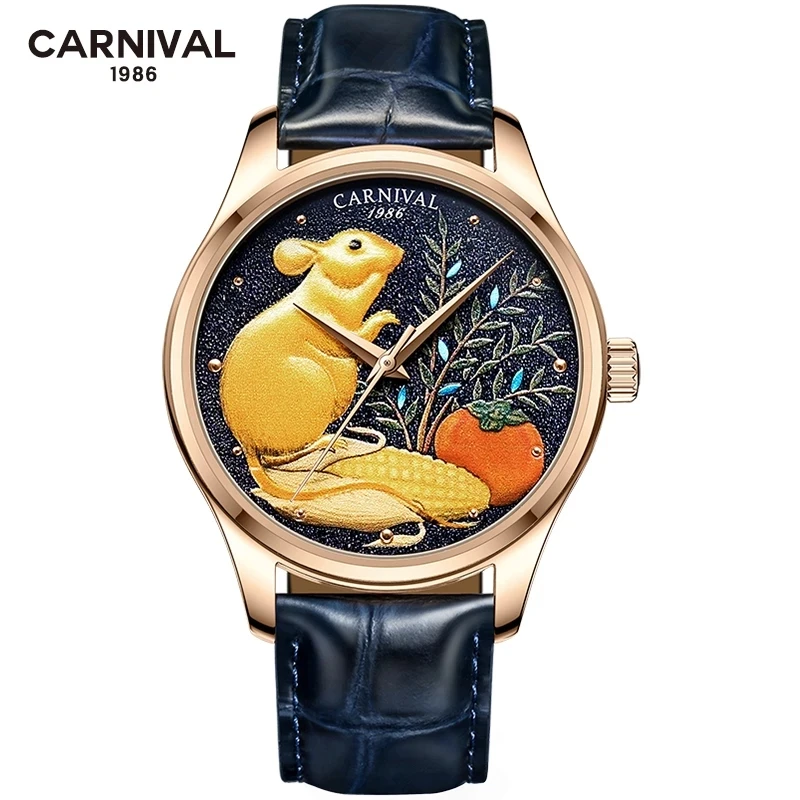 Carnival Brand Mens Luxury Automatic Watches Fashion 3D Rat NH36 Movement Rose Gold Mechanical Wristwatches for Men Montre Homme