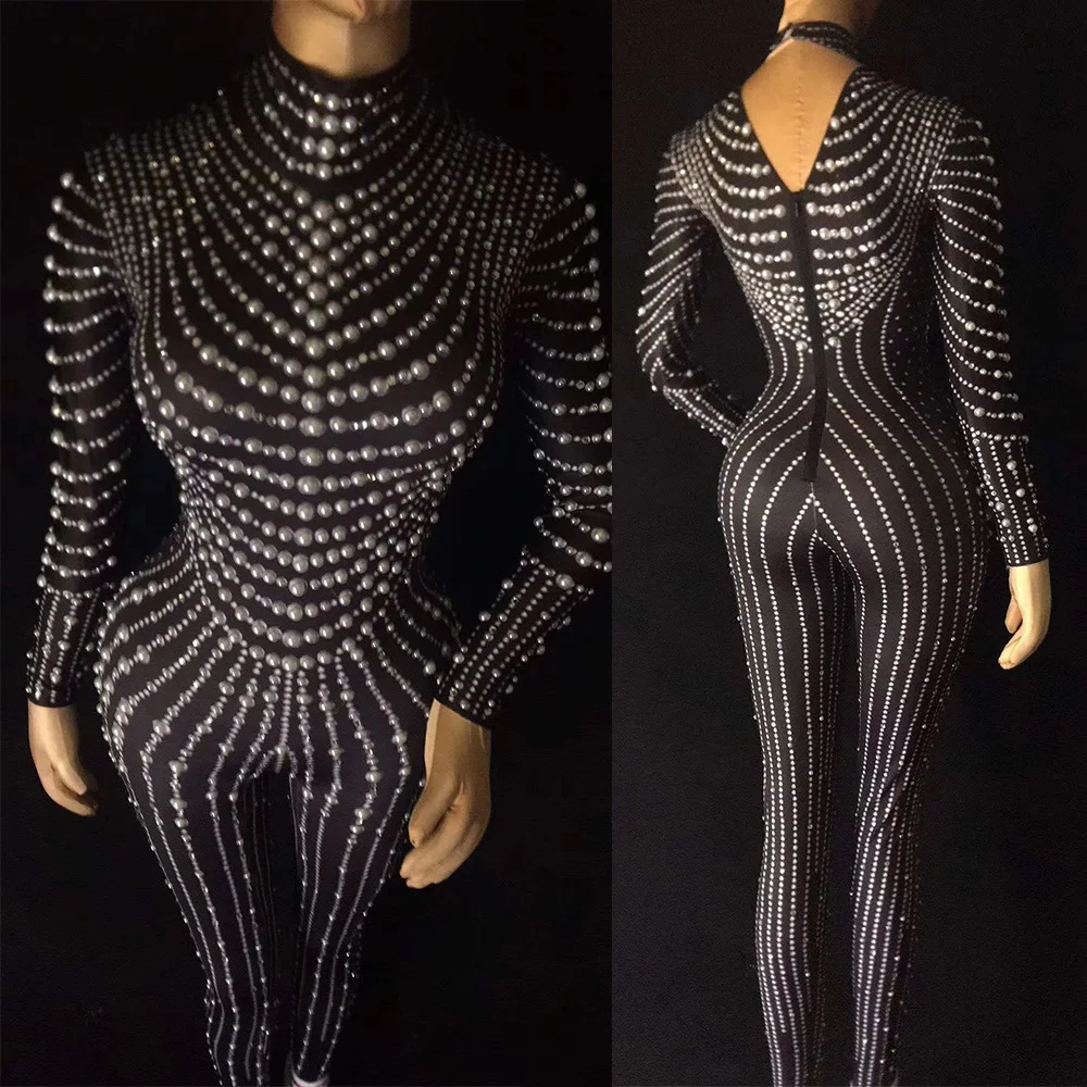 Sparkly Rhinestone Women Black Jumpsuits Shining Pearls Bodysuits One Piece Performance Costume Nightclub Stage Wear Leotard