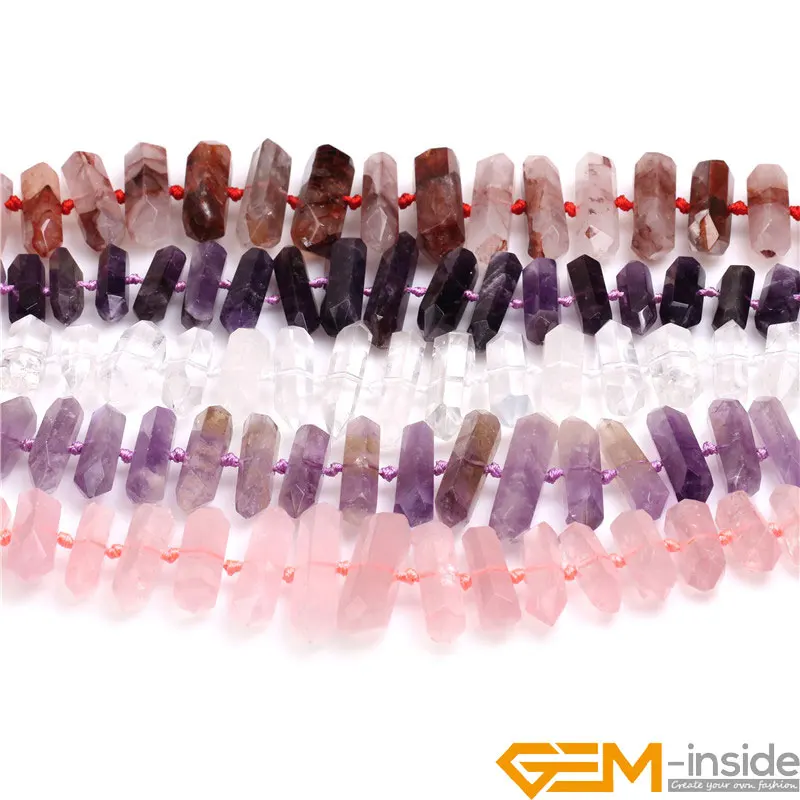 

Natural Stone Stick Point Beads For Jewelry Making Strand 15 inch Amethysts Rose Quartzs White Rock Quartzs Red Quartzs 13x55mm