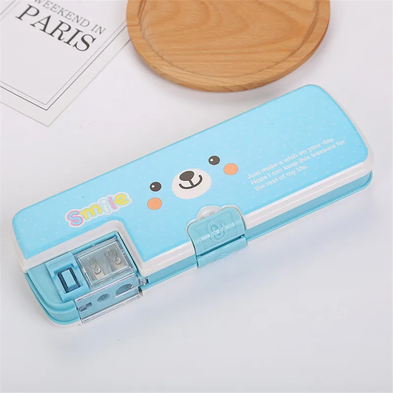 Double Layer Square Cartoon Pencilcase With Sharpener Student Creative Stationery Pencil Box Case Children Prize Party Gift