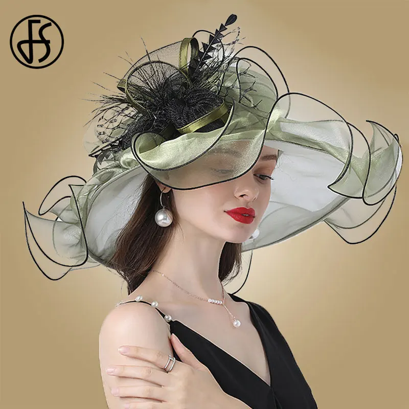 FS Wedding Bride Fascinator Hat For Women Ladies Kentucky Derby Organza Hats Tea Party Dress Large Wide Brim Fedoras Feather Cap