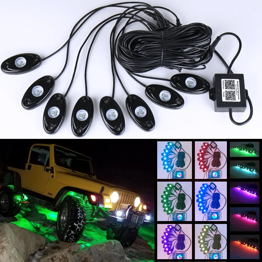 8 Pods RGB Lights with Wire Harness Controled by Mobile Phone App for Off Road Car Boat Truck SUV ATV LED Rock Lamps 8 Pcs