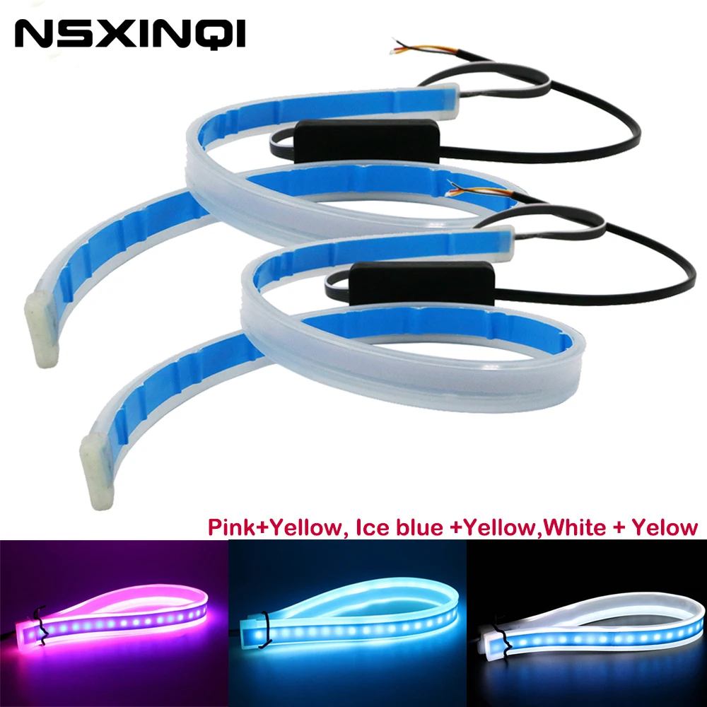 

30 45 60cm Car LED DRL Daytime Running Lights Flow Runs Turn Signal Lamp Flexible Guide Strip Double Color sequential