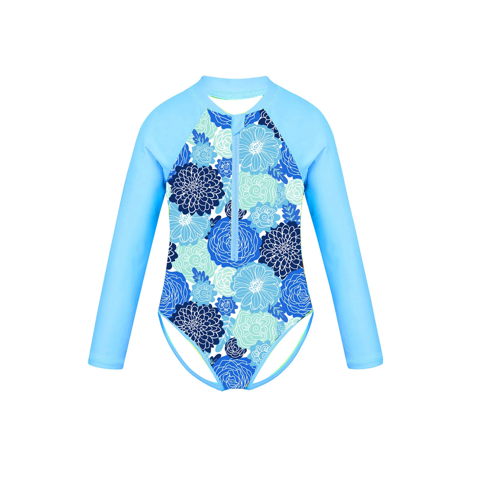 Kids Girls Children Swimwear Beachwear Long Sleeves Palm Printed Zippered Swimsuit Children Swimming Bathing Suit Rash Guard