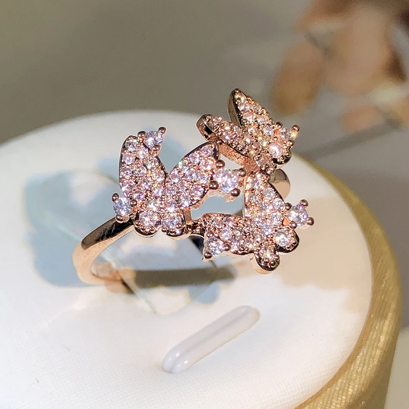 Classic Elegant Rose Gold Three-Butterfly Open Ring 925 Sterling Silver Ladies Party Outing Fashion Jewelry Gift