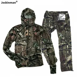 Summer Sunproof Men's Fishing Hooded Jacket Pants Bionic Camouflage Hunting Fishing Clothes Breathable Cotton Jungle Camo Suit