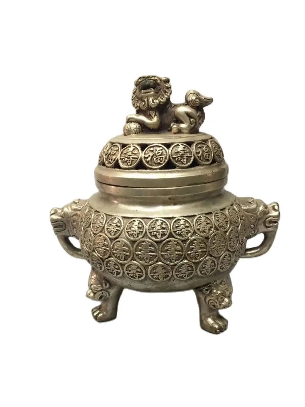 

MOEHOMES Chinese old antique silver Lions, blessings, longevity foo statues incense burner home decoration metal crafts