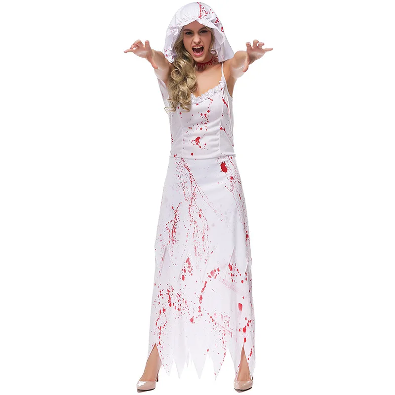 Spaventoso donne bianche sanguinose Halloween Corpse costumi da sposa femminile Zombie Walking Dead Cosplay carnevale Purim gioco di ruolo abito da festa