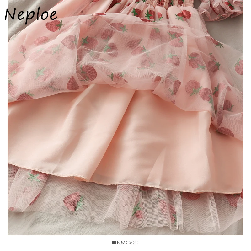 Neploe-女性のキラキラストロベリープリントドレス、ハイウエスト、メッシュパッチワークドレス、スラッシュネック、ソフト、キュート、ブリング、2024