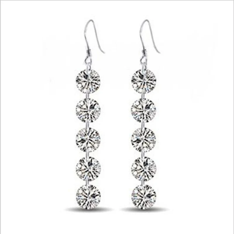 Women\'s Fashion Long Drop Earrings Shiny Crystal CZ Stone Connected Charming Dangle Earrings Jewelry For Lady Girls