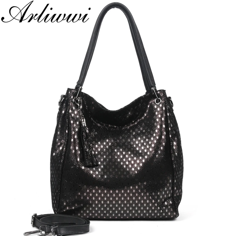 

Arliwwi Designer Women's Real Leather Shoulder Bags New Shiny Peacock Pattern Embossed Genuine Cow Leather Big Handbags GL04