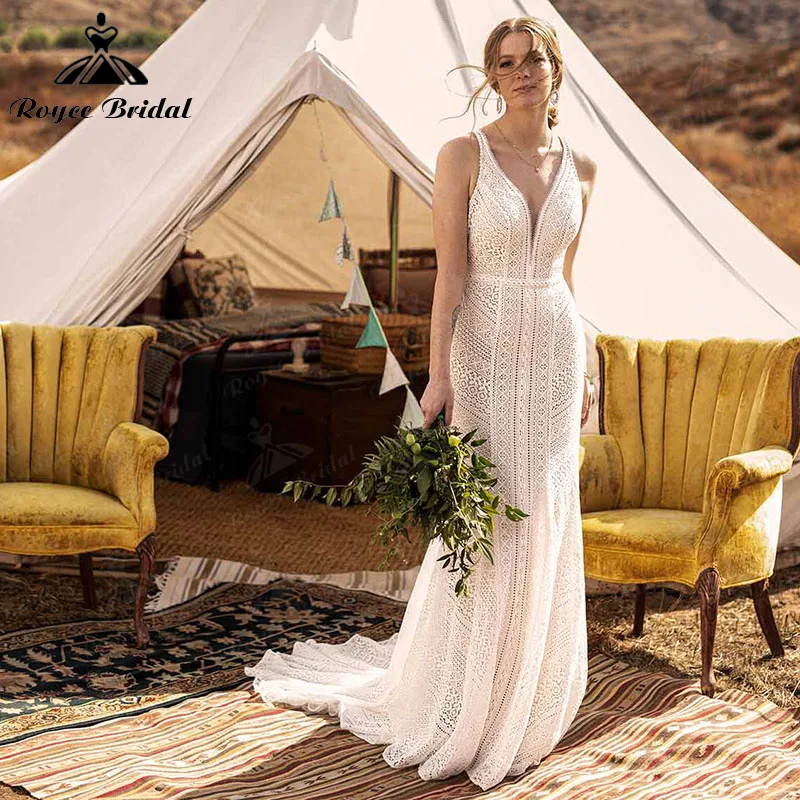 Customized Mermaid Boho Bohemian Wedding Dress Deep V Neck Tank Open Back Lace Off the Shoulder Bridal Gown Abito da sposa 2025