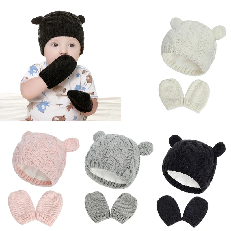 Baby Hat and Mittens Set Kids Knitted Beanie Cap Winter Warm Pompom Hats Gloves