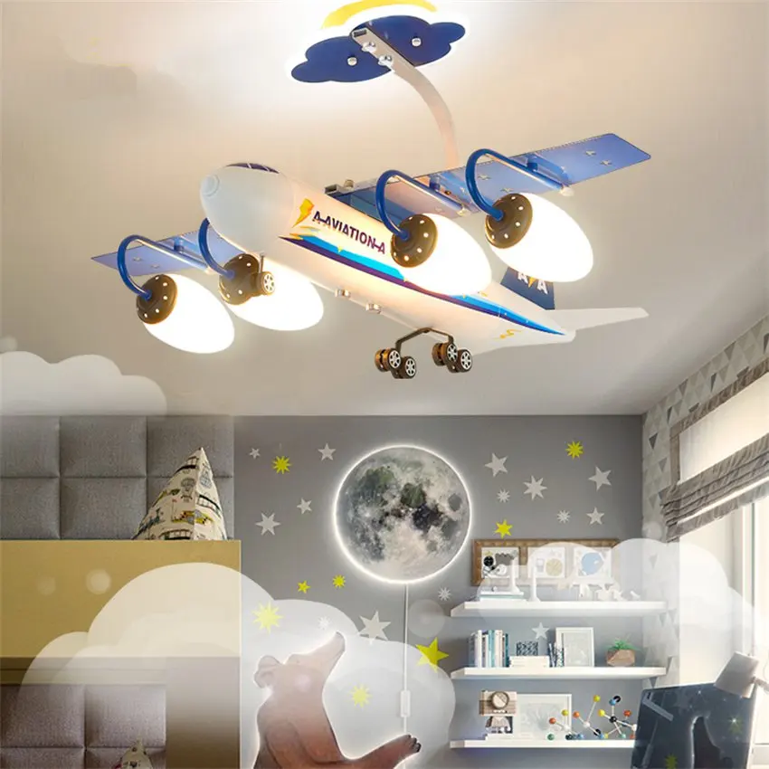 Cartoon blue white aircraft pendant lights bedroom children's room lamps living room study decorated metal E14 hanging lighting