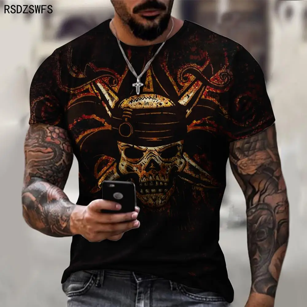 Summer New Printed Men's T-Shirts, Super-Size Breathable And Quick-Drying Fitness Clothes, Skull And Bull Head Funny Tops Tees