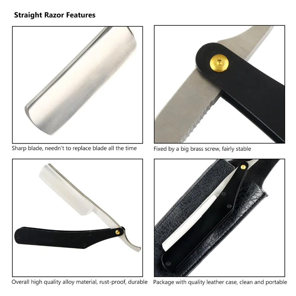 Barber Stainless Steel Straight Razor Black Handle with PU Leather Pouch for Men\'s Folding Shaving Knife Manual Razor for Men