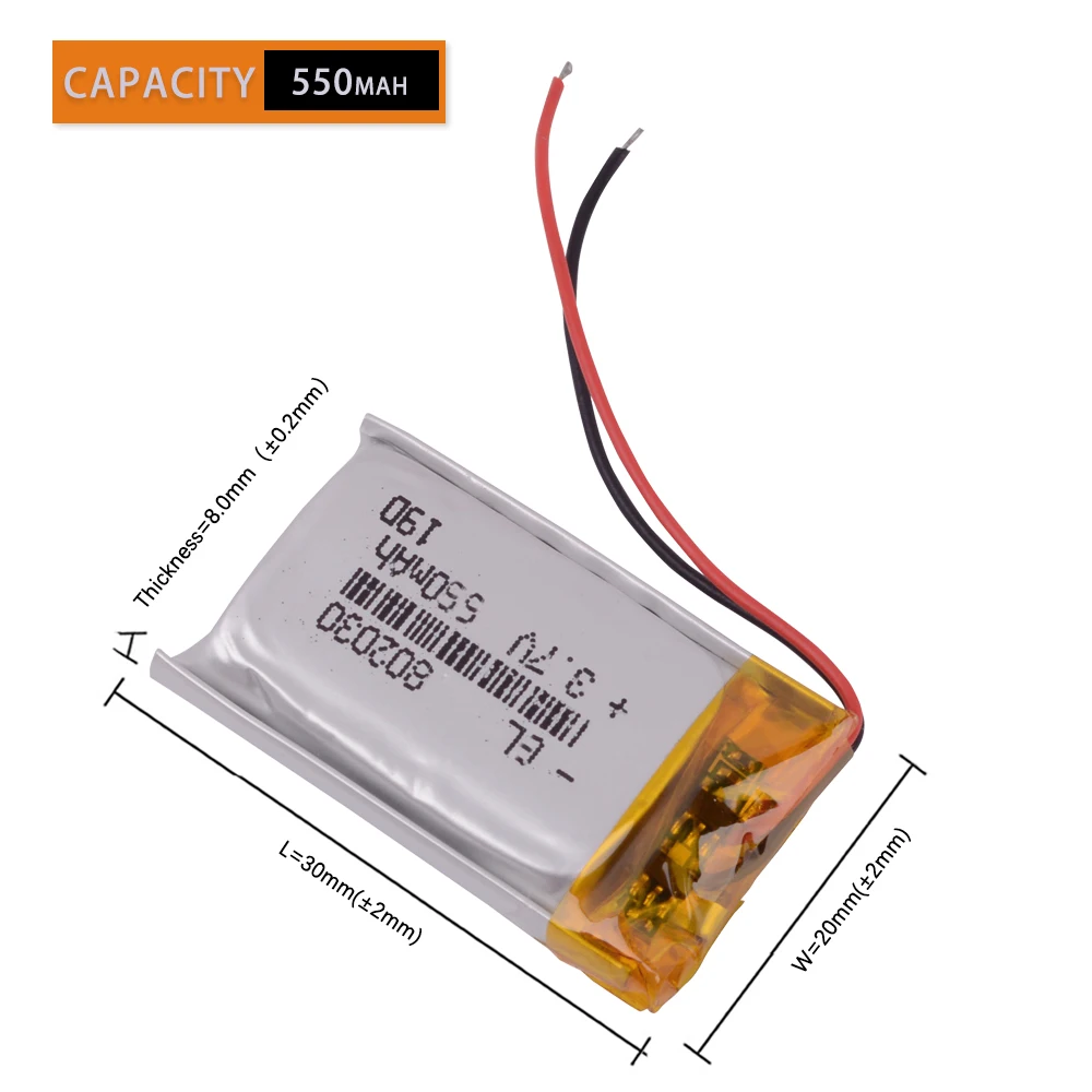 802030 550mAh 3.7V Rechargeable Lithium Li-ion Polymer Battery for MP3 massager replacement in neoline evo z1 auto-register