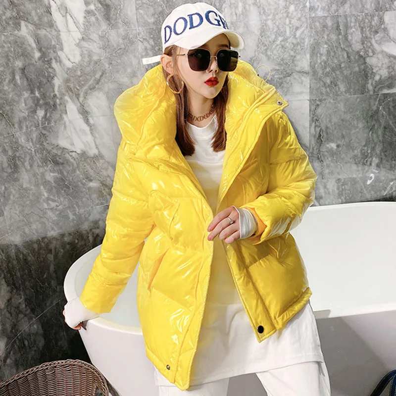 2024 Winter Korean Women Hooded Glossy Cotton Coat Candy Color Drawstring Long Sleeve Yellow/orange Winter Parkas Female Outwear