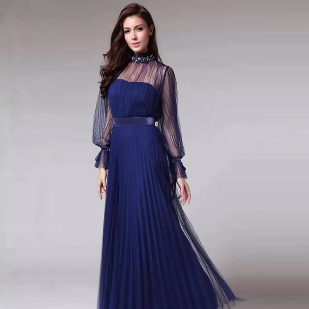 Robe de Soirée Élégante Bleu Marine, Tenue Longue, Col Haut, Perles, Manches sulf, Bal de Promo, Quelle que soit la Forme, Grande Taille, Nouvelle Collection 2024